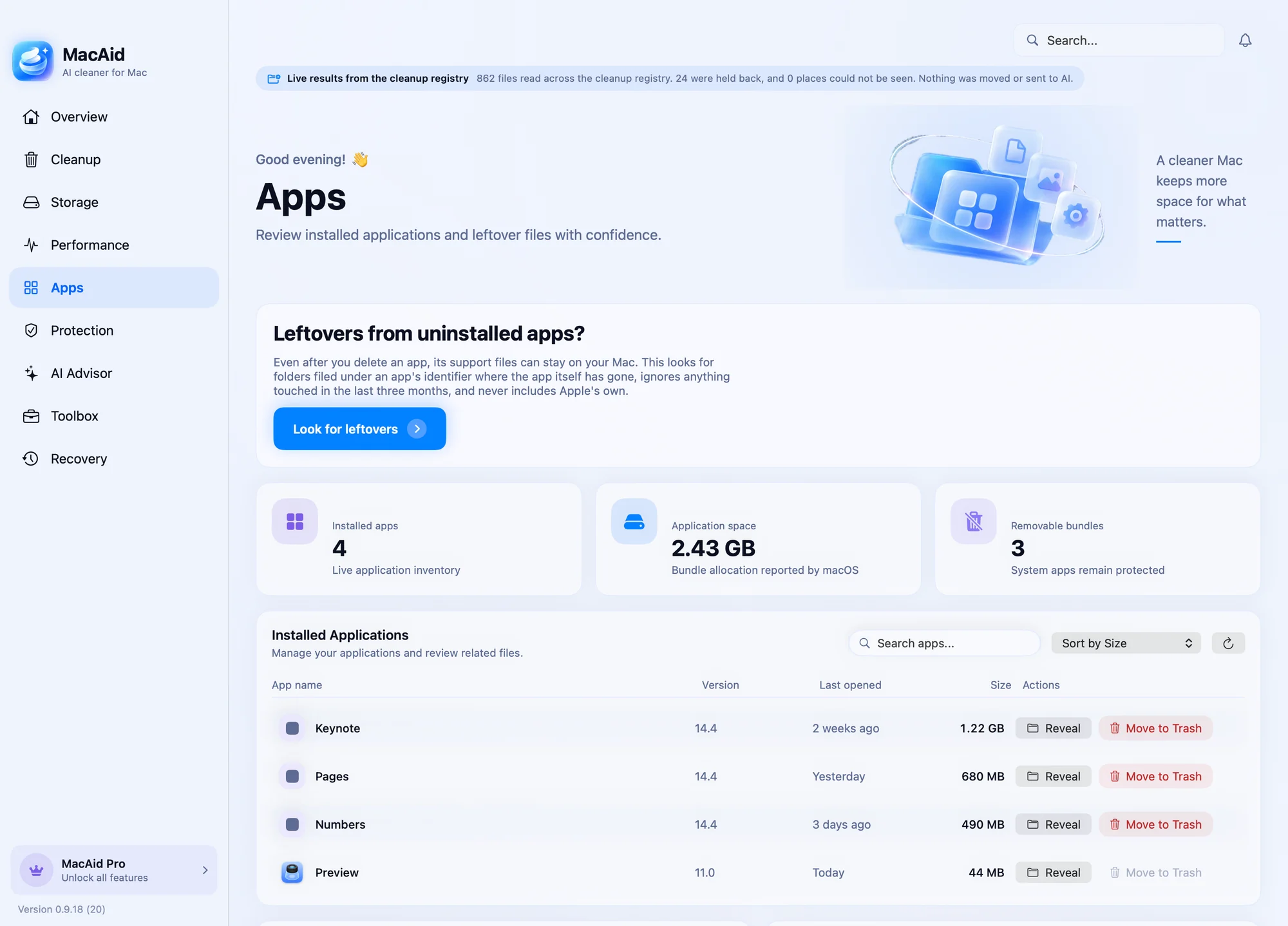 MacAid's native Apps screen with size, version and last-opened details for example applications