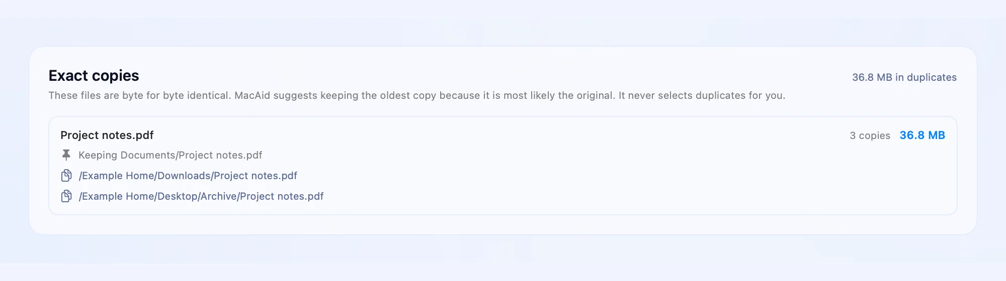 MacAid's native duplicate review showing an original Project notes PDF and two identical copies in an example scan